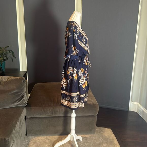 Women V-Neck Bohemian Navy Floral Print Short Summer Dress Cover Up Size XL NEW - Picture 4 of 14